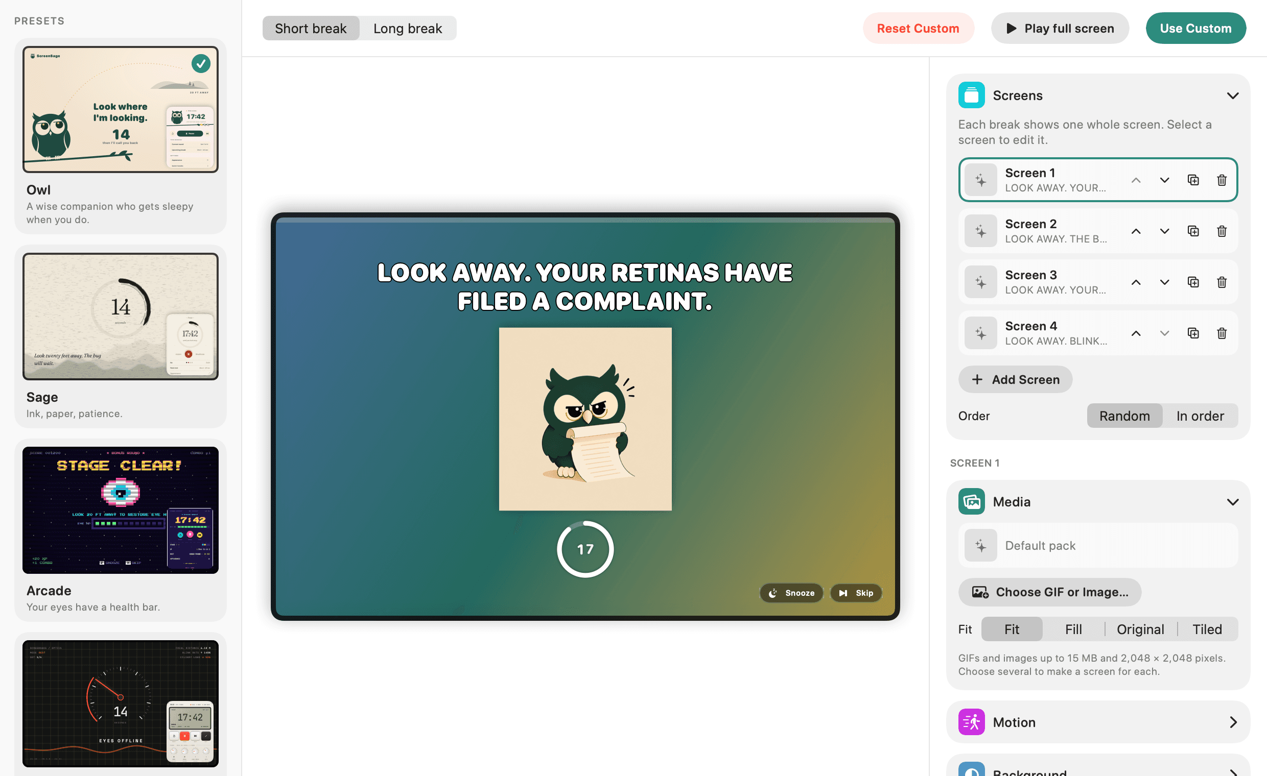 The ScreenSage break screen editor: presets on the left, a live preview in the middle, and panels for screens and media on the right