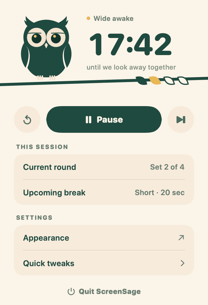 The Owl menu bar popover with a 17:42 countdown